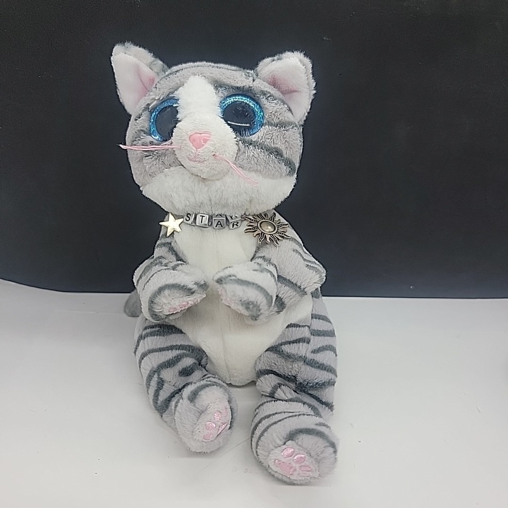 Ty Beanie Baby Bellies Grey Tabby Cat 6" Stuffed Plush With Added Charm Collar